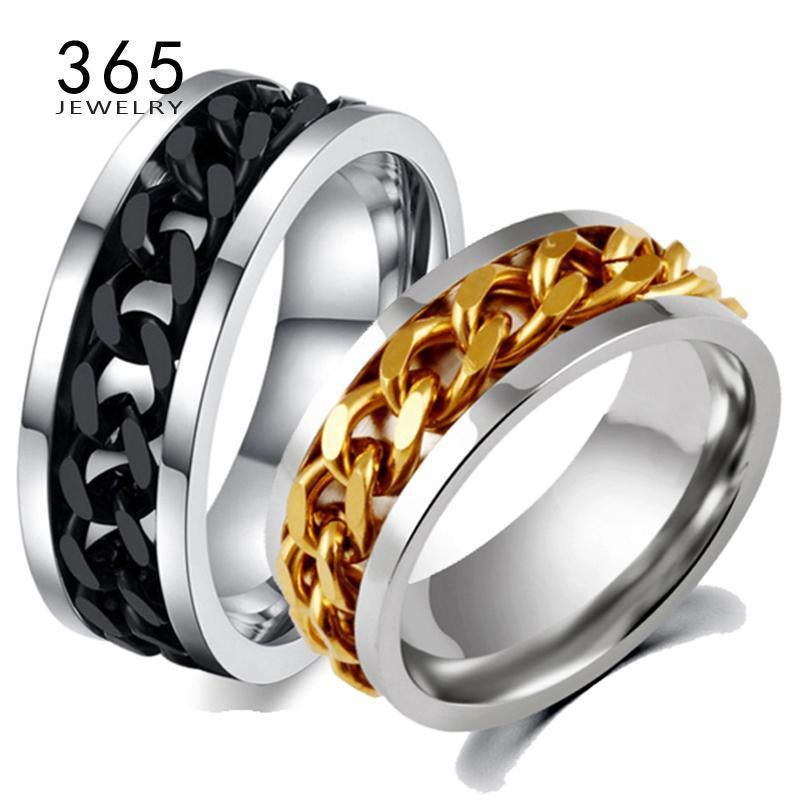 Never Fade Jewelry Stainless Steel Mens Wedding Rock Punk Biker Ring Gold Titanium Black Chain Spinner Rings For Men Gift