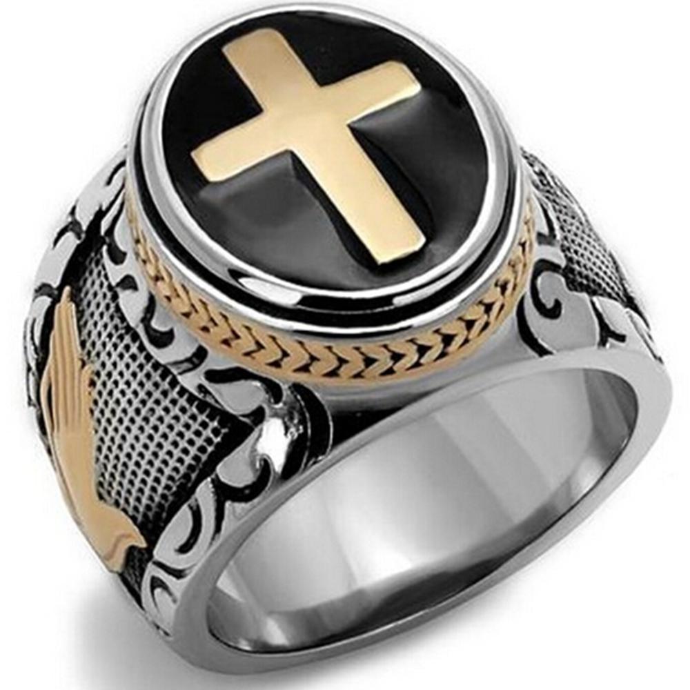 Size 7-15 Vintage Silver Gold Black Two-Tone Holy Cross Signet Ring Prayer Christian Jesus Religious Cocktail Valentine