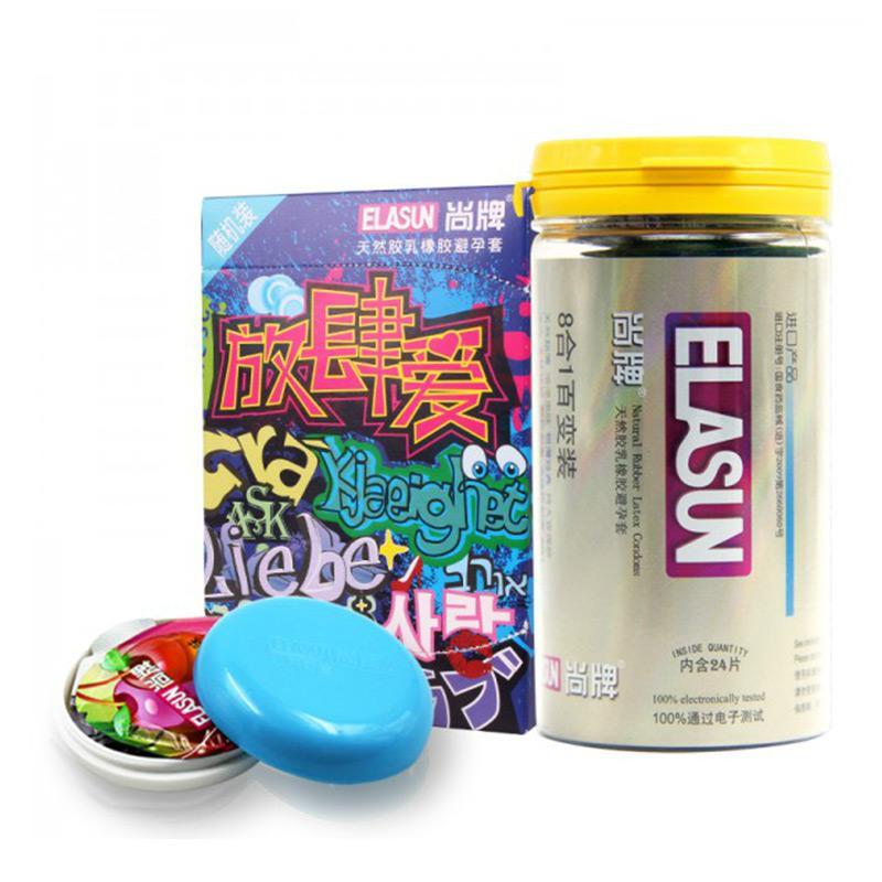 ELASUN 40 pcs 8 Types Ultra Thin Condoms Ice and Fire Dotted Pleasure for her Natural Latex Rubber Condoms For men