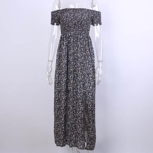 Summer 2016 Plus Size Vintage Women Summer Off Shoulder Print Sexy Dress Club Party Pleated Dresses Open Split Maxi Long Dress