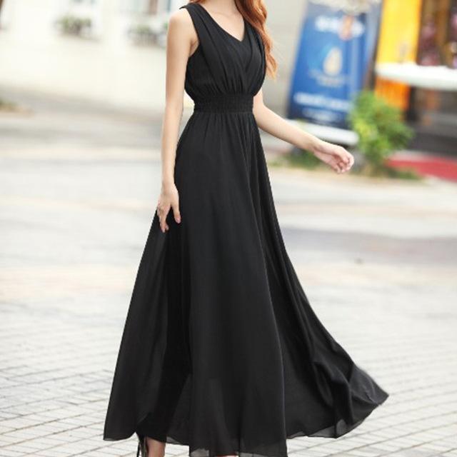 Bohemian Dress 2017 Summer New Women's Dress Long Solid Dress Slim Sleeveless Beach Dress For Female V-Neck 6 Color Cute Style