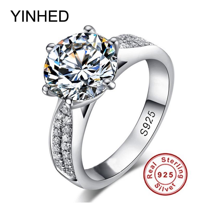 YINHED Classic Woman Wedding Ring Real Solid 925 Sterling Silver Jewelry Ring 2 Carat Cubic Zirconia CZ Engagement Ring ZR105