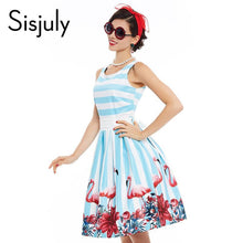 Sisjuly women pin up vintage dress floral print rockabilly bow belt  dresses blue white stripe summer  a line vintage dresses