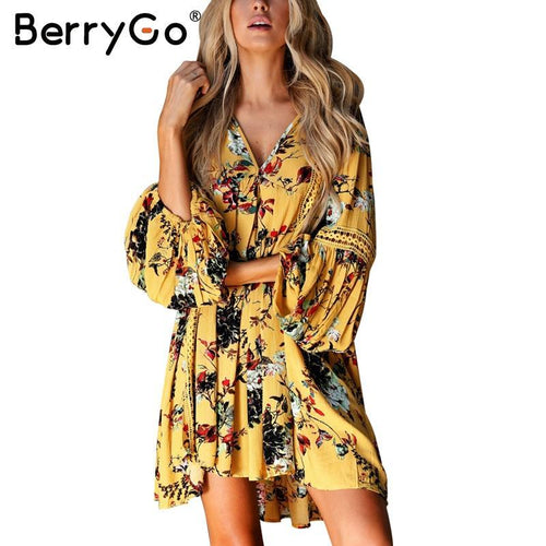 BerryGo Hollow out boho summer dress Women vintage loose lace lantern sleeve short dress Ruffle flower print sexy dress vestidos