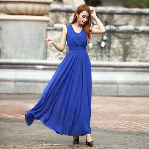 Bohemian Dress 2017 Summer New Women's Dress Long Solid Dress Slim Sleeveless Beach Dress For Female V-Neck 6 Color Cute Style