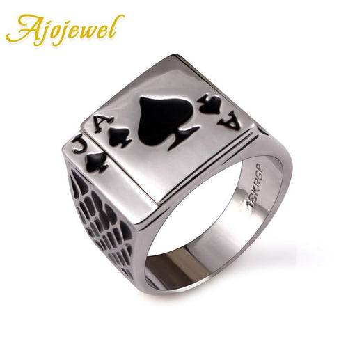 Ajojewel Classic Cool Men's Jewelry Chunky Black Enamel Spades Poker Ring Men Gold-color