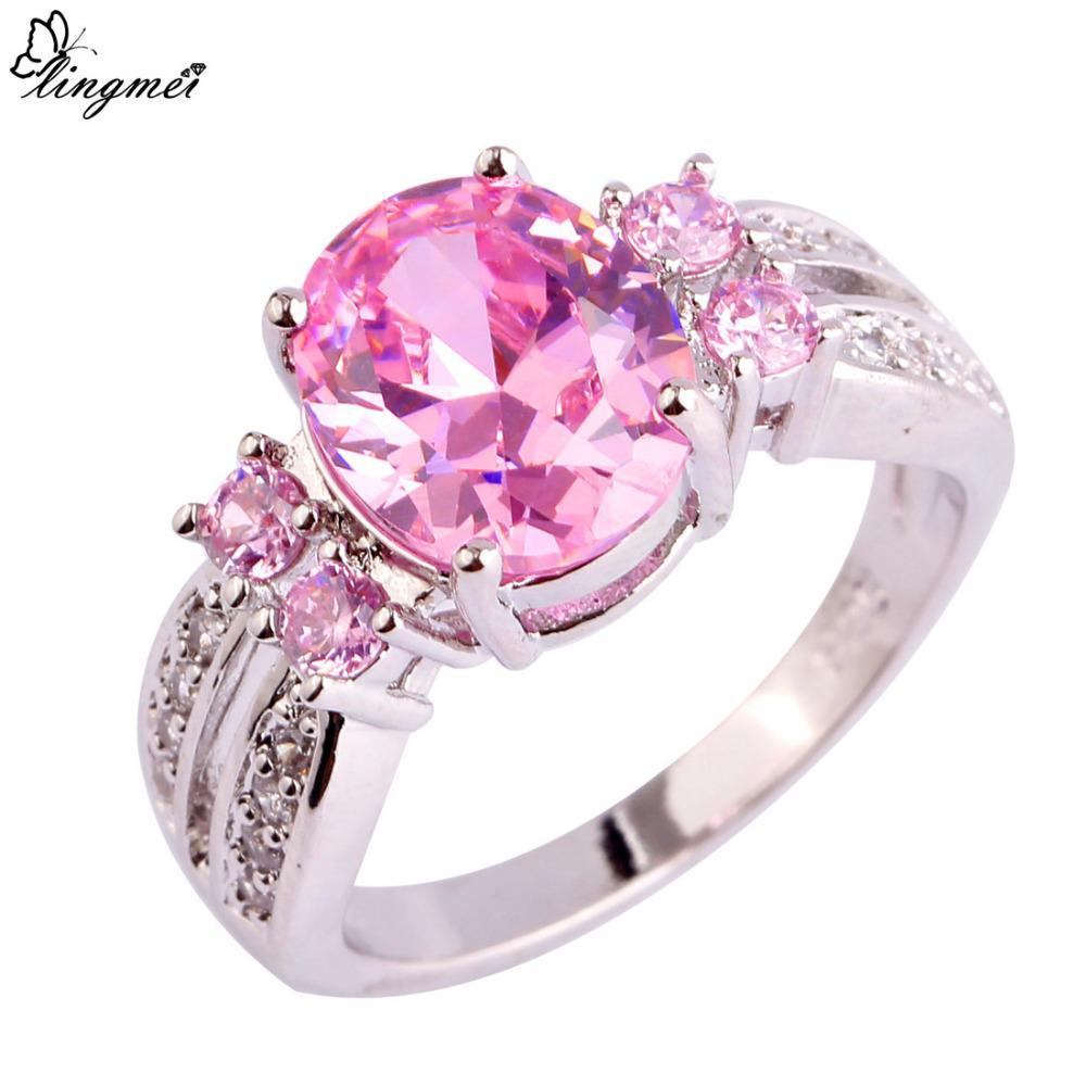 lingmei Nice Fashion Jewelry Pink & White CZ Silver Color Ring Sweet Women Engagement Size 6 7 8 9 10 11 Cubic ZirconiaWholesale