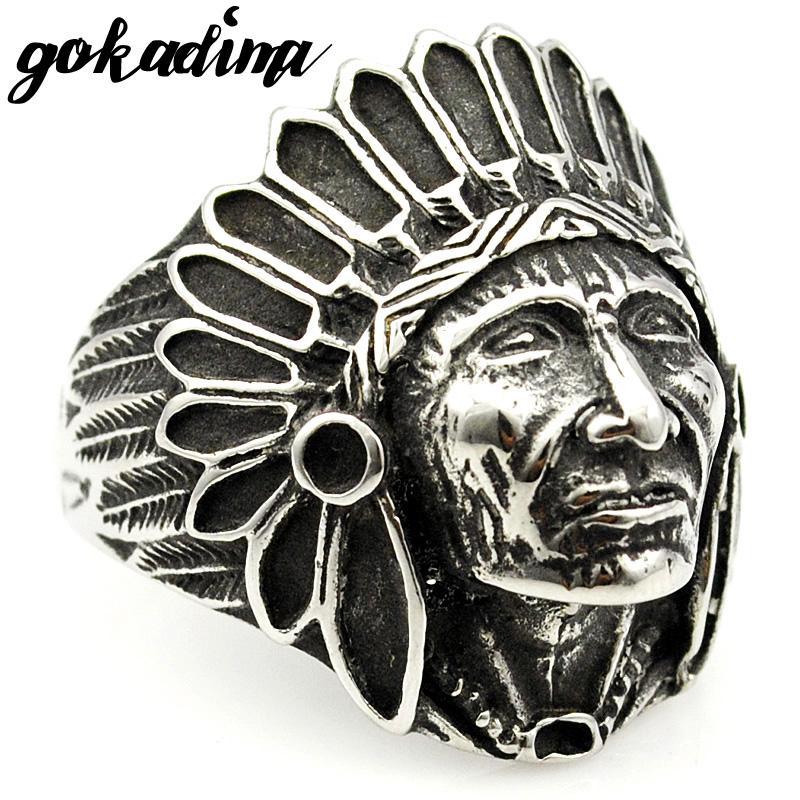 GOKADIMA Fashion Biker Stainless Steel Ring Men Tribe Apache Indian Chief Head Ring Size 7-13 Punk Rocker Figure Jewelry WR307