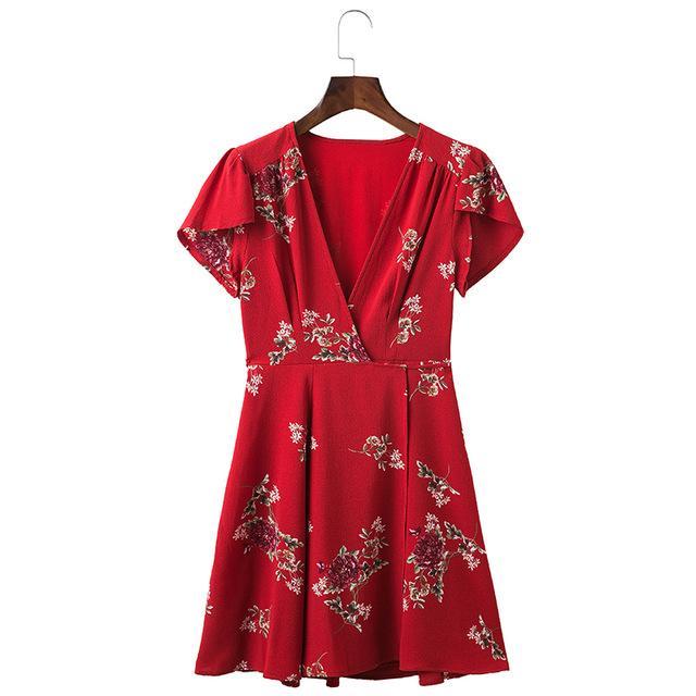 BONGOR LUSS Women Summer Dress 2017 V-Neck Cape Short Sleeve Casual Mini Dress Boho Beach Vinatge Floral Print Dress Sundress