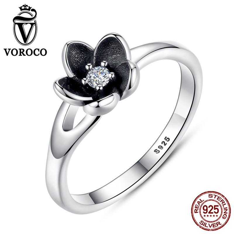 VOROCO 2017 New Collection Mystic Floral Flower Stackable Oxidized Silver Black Ring 925 Sterling Silver Jewelry P7154