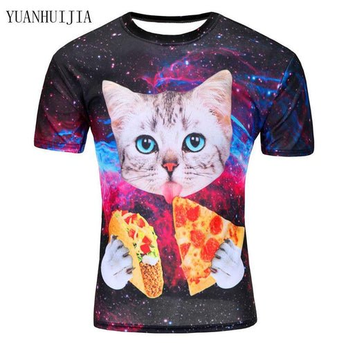 2017new galaxy space 3D t shirt lovely kitten cat eat pizza funny tops tee short sleeve summer shirts for men