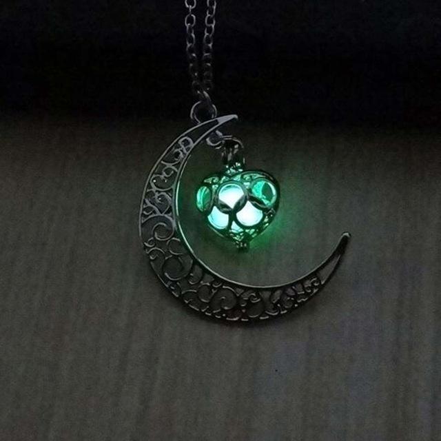 TOMTOSH moon glowing necklace, green stone charm jewelry, silver plated, Halloween gift