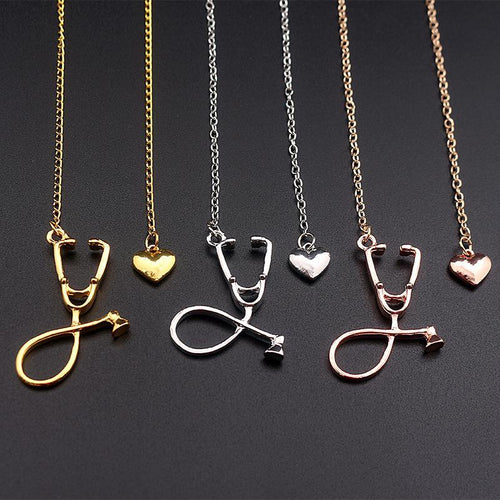 3 Colors Rose Gold/Gold/Silver Stethoscope Lariat Heart Pendant Necklace Newest Nurse Medical Necklace Collares Bijoux Femme