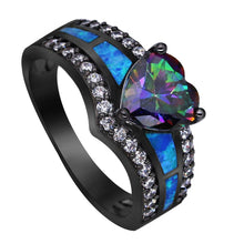 Black Plated Rainbow Blue Green Purple Stone Blue Opal Heart Rings for Women Wholesale Fashion Jewelry Cocktail Ring Gift BR090