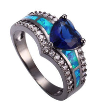 Black Plated Rainbow Blue Green Purple Stone Blue Opal Heart Rings for Women Wholesale Fashion Jewelry Cocktail Ring Gift BR090