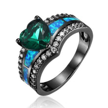 Black Plated Rainbow Blue Green Purple Stone Blue Opal Heart Rings for Women Wholesale Fashion Jewelry Cocktail Ring Gift BR090