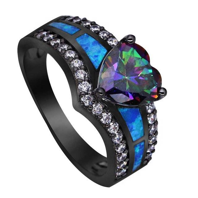 Black Plated Rainbow Blue Green Purple Stone Blue Opal Heart Rings for Women Wholesale Fashion Jewelry Cocktail Ring Gift BR090