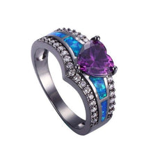 Black Plated Rainbow Blue Green Purple Stone Blue Opal Heart Rings for Women Wholesale Fashion Jewelry Cocktail Ring Gift BR090