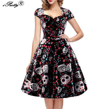 iPretty Elegant Skull Print Dress Women Vintage 50s 60s Square Collar Wrapped Chest Plus Size 4XL Swing Rockabilly Pin Up Dress
