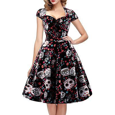 iPretty Elegant Skull Print Dress Women Vintage 50s 60s Square Collar Wrapped Chest Plus Size 4XL Swing Rockabilly Pin Up Dress