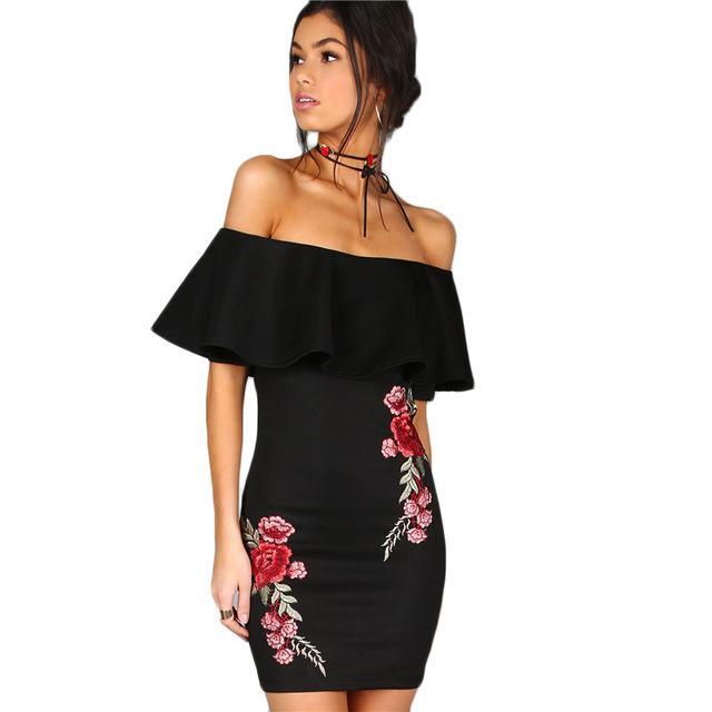 COLROVIE Dress Women Black Sexy Off Shoulder Embroidery Party Dresses 2017 Rose Applique Ruffle Elegant Bodycon Mini Dress