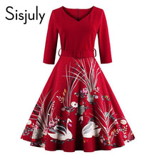 Sisjuly vintage Spring women dress with sashes 1950s festa a line dresses print flower v-neck vintage elegant women dresses