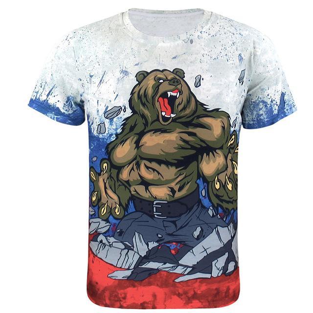 Men Animal Bear 3D T-Shirts Casual Flag Short Sleeve Clothes Tops Summer
