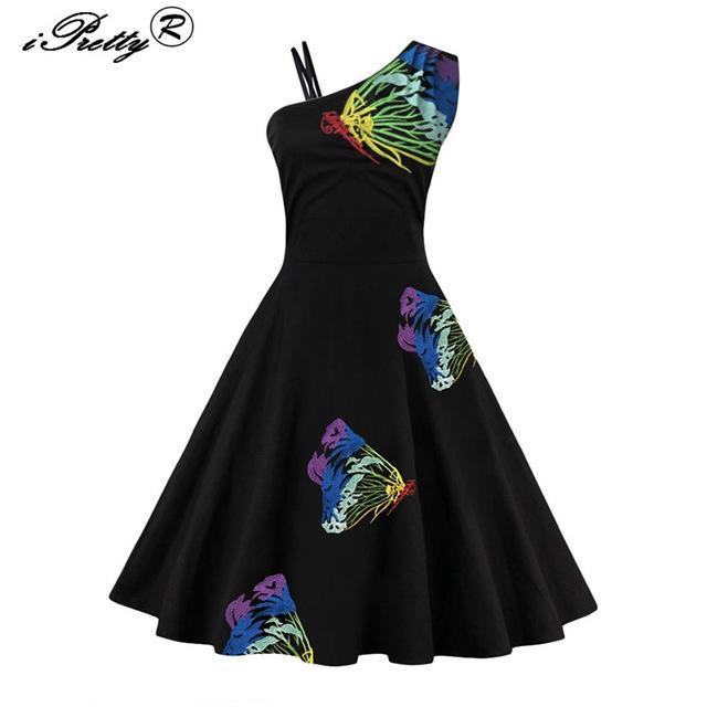 2017 Plus Size Vintage Butterfly Embroidery Summer Dress Robe Rockabilly Oblique Sleeveless Hepburn 50s 60s Swing Pin Up Vestido