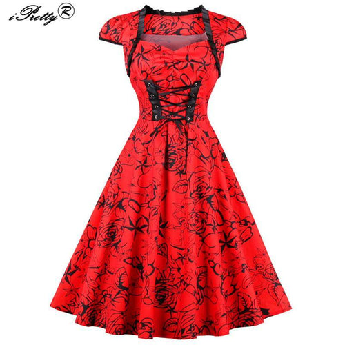 2017 Retro Party Dress Red lace Square Collar Short Sleeve Lace Up Vintage Dress 50s 60s Swing Rockabilly Robe Pin Up Vestidos