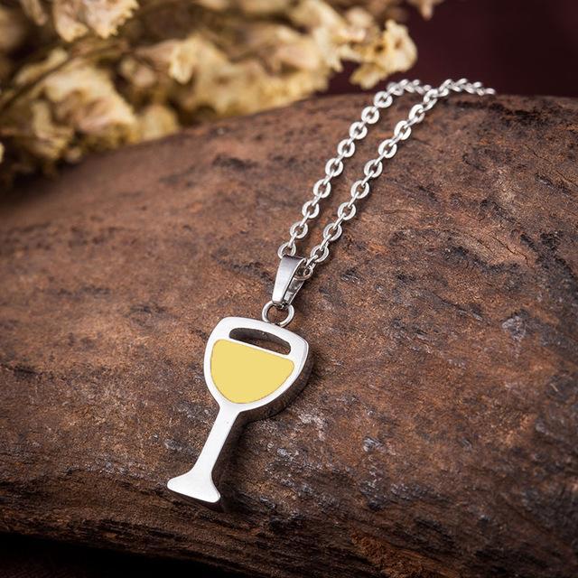 WAWFROK Fashion Women's Red Wine Glass Necklace Pendant Stainless Steel Beer Yellow Necklace Unique Design Jewelry