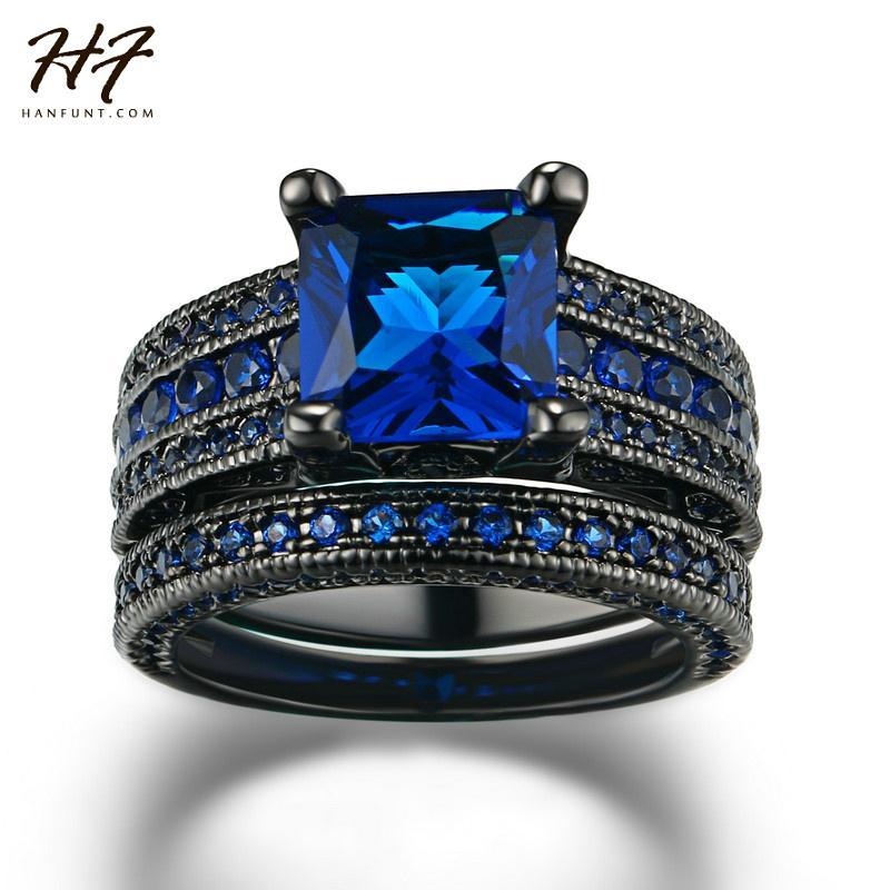 HF New Fashion Luxury Black Gold Color Ring Sets Princess Cut Blue Cubic Zirconia Ring For Women & Men Full Size Wholesale R692