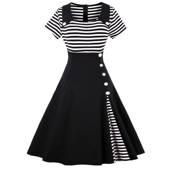 VESTLINDA Vintage Striped Buttoned Pin Up Dress Women Black White Cotton Summer Short Sleeve Dress 2017 Retro 50s 60s Dresses