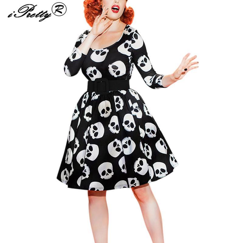 Retro Skull Print Audrey Hepburn Style Dress For Women Black Rockabilly Robe 50s 60s Pin Up Big Swing Vestidos Plus Size