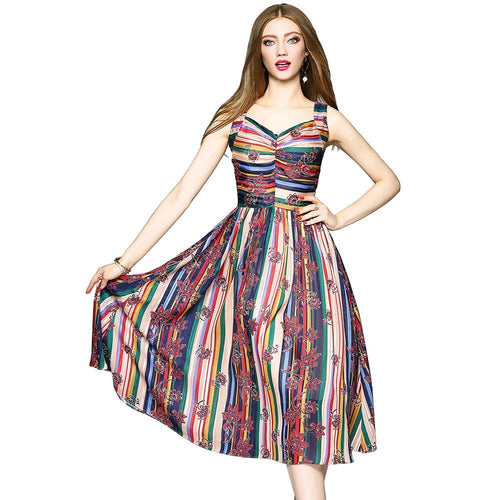 2017 Vintage Women Sexy V-Neck Dress Sleeveless Tank Robe Female High Waist Strapless Vestidos Plus Size Printed Dresses BH518A